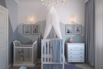 A kids room with a crib and a set of drawers